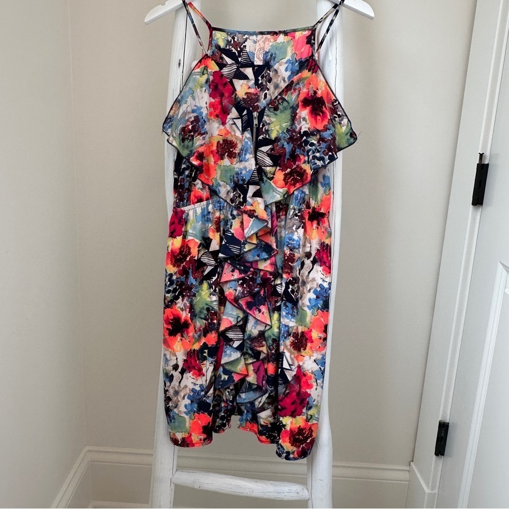 Prevett Colorful Abstract Print Front Zipper Sun Dress SZ Large